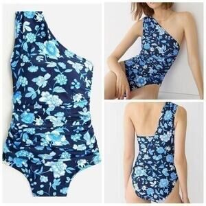 NWT J. Crew Floral Side Ruched One Shoulder Swimsuit 24 3X Midnight Blue White